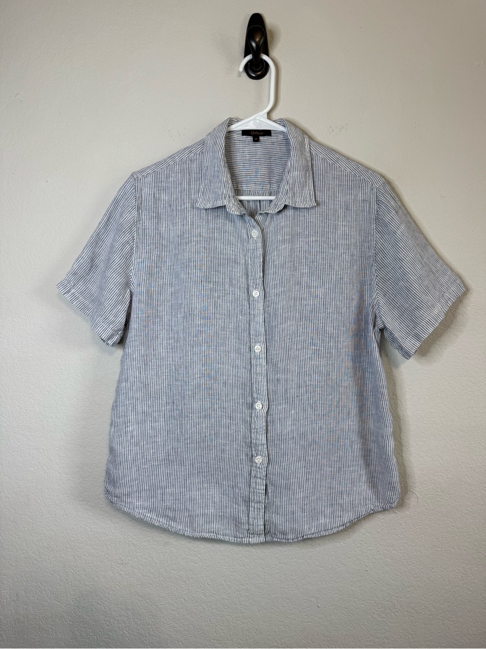 Quince European Linen Blue Pinstripe Short Sleeve Pajama Top Size Medium